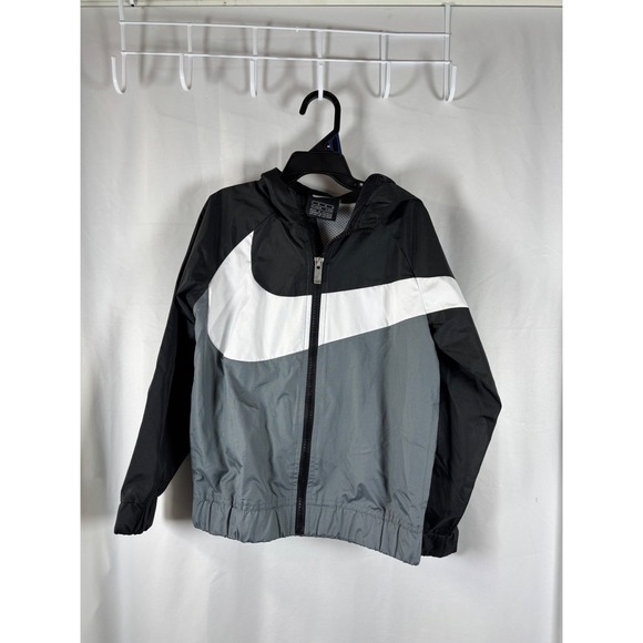 Nike Other - Nike Kids Black Grey White Oversized Swoosh Full Zip Hooded Windbreaker Jacket 6